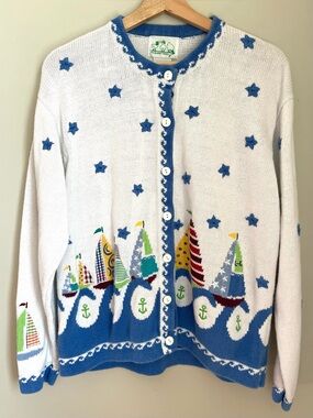 Quacker Factory Vintage Nautical Sailboat Cardigan Sz Large Cottagecore Coastal